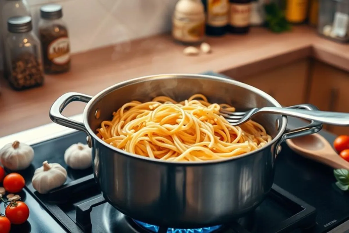 Macarrão cozido no fogo desligado